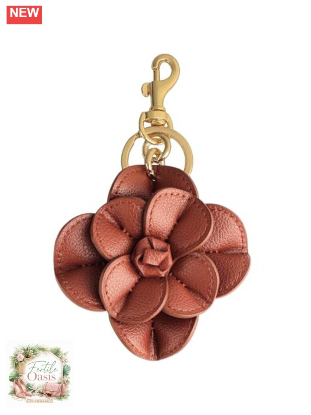 Leather Flower Purse Charm Keychain Gold Tone Metal Accessory for Handbags